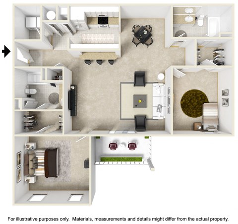 Floor plan for 2 beds, 2 baths, 1222 sqft